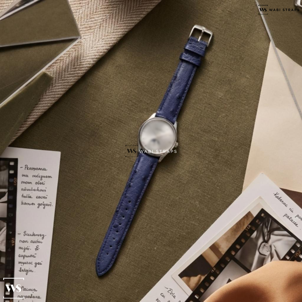 Blue Ostrich Grain Leather Watch Strap on Jaeger LeCoultre Master Ultra Thin Moon SS