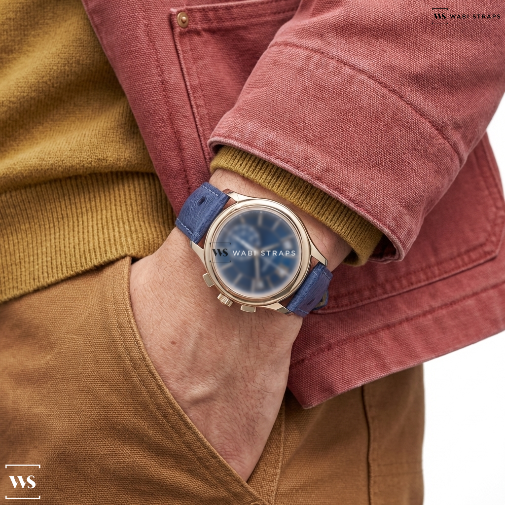 Blue Ostrich Grain Leather Watch Strap on Patek Philippe Chronograph Annual 5905R Calendar Rose Gold / Blue Dial