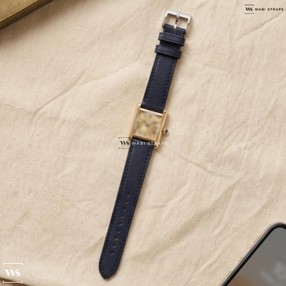 Blue Smooth Leather Watch Strap on Cartier Privee Collection Tank Normale WGTA0108 Yellow Gold