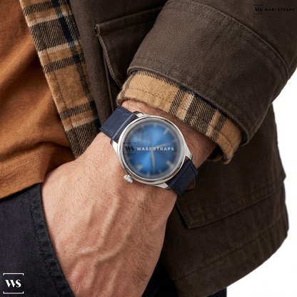 Blue Smooth Leather Watch Strap on H. Moser and Cie. Endeavour Perpetual Calendar 18k White Gold 2024