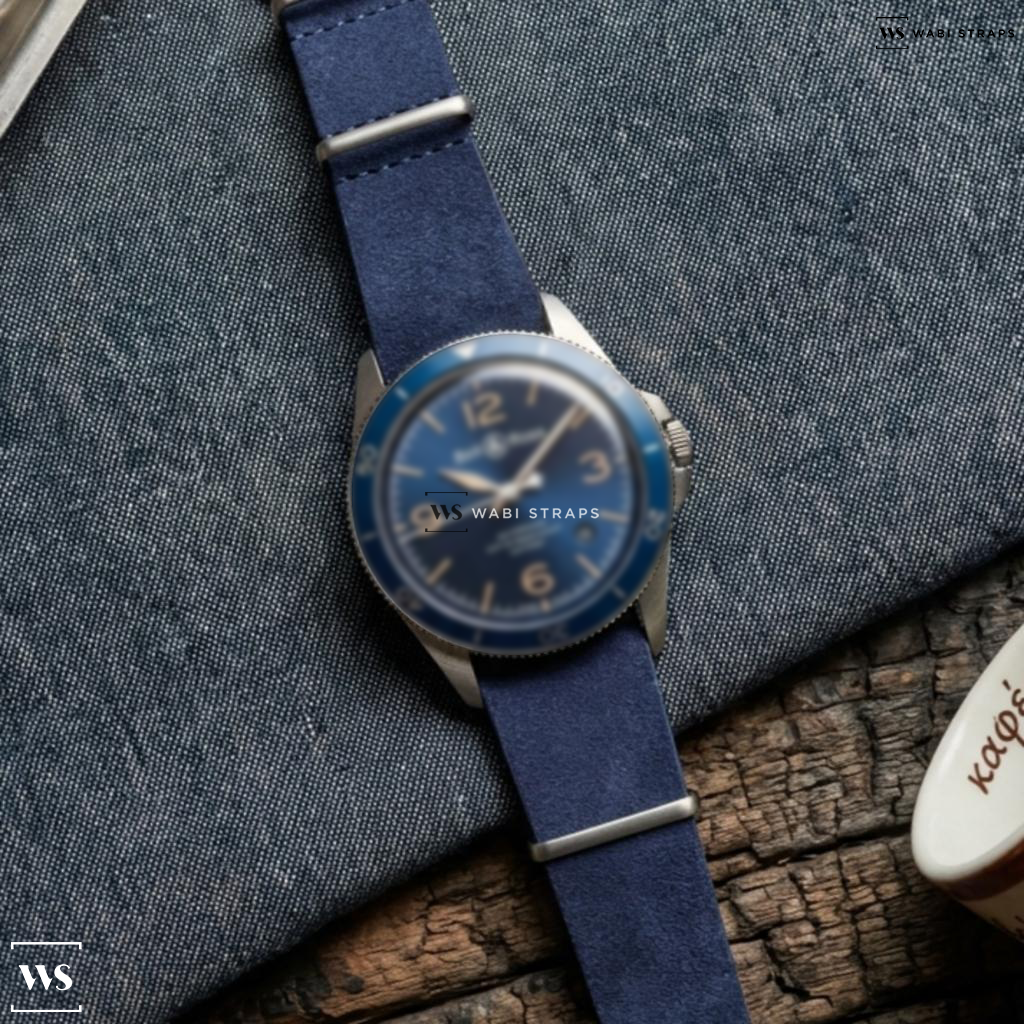 Blue Fuzzy Grain Leather Watch Strap on Bell & Ross Vintage BR V2-92 Aeronavale Men's Watch