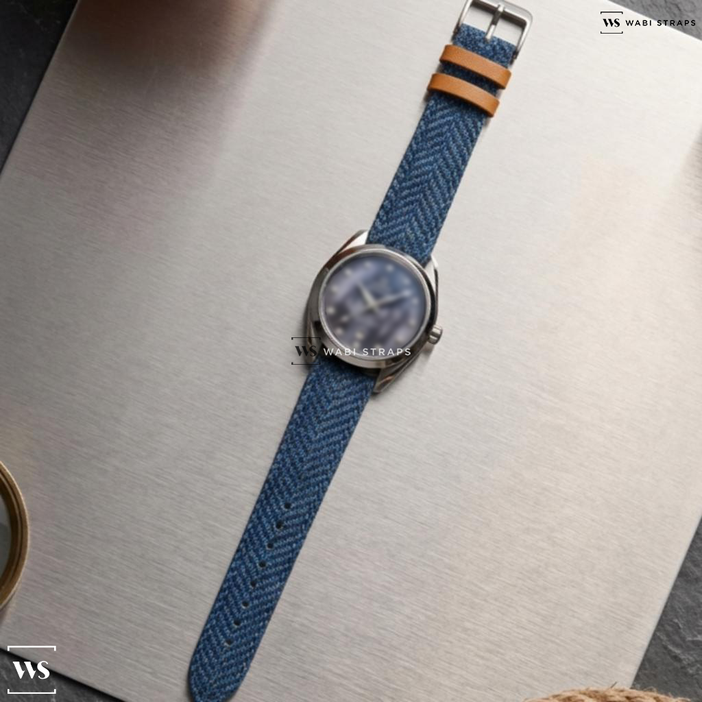 Blue Fuzzy Grain Leather Watch Strap on Omega Seamaster Aqua Terra Master Co-axial Blue MOP Diamonds 34mm