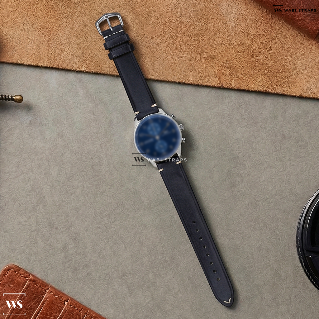 Blue Oiled Leather Watch Strap on IWC Portuguese Chronograph SS Blue Dial