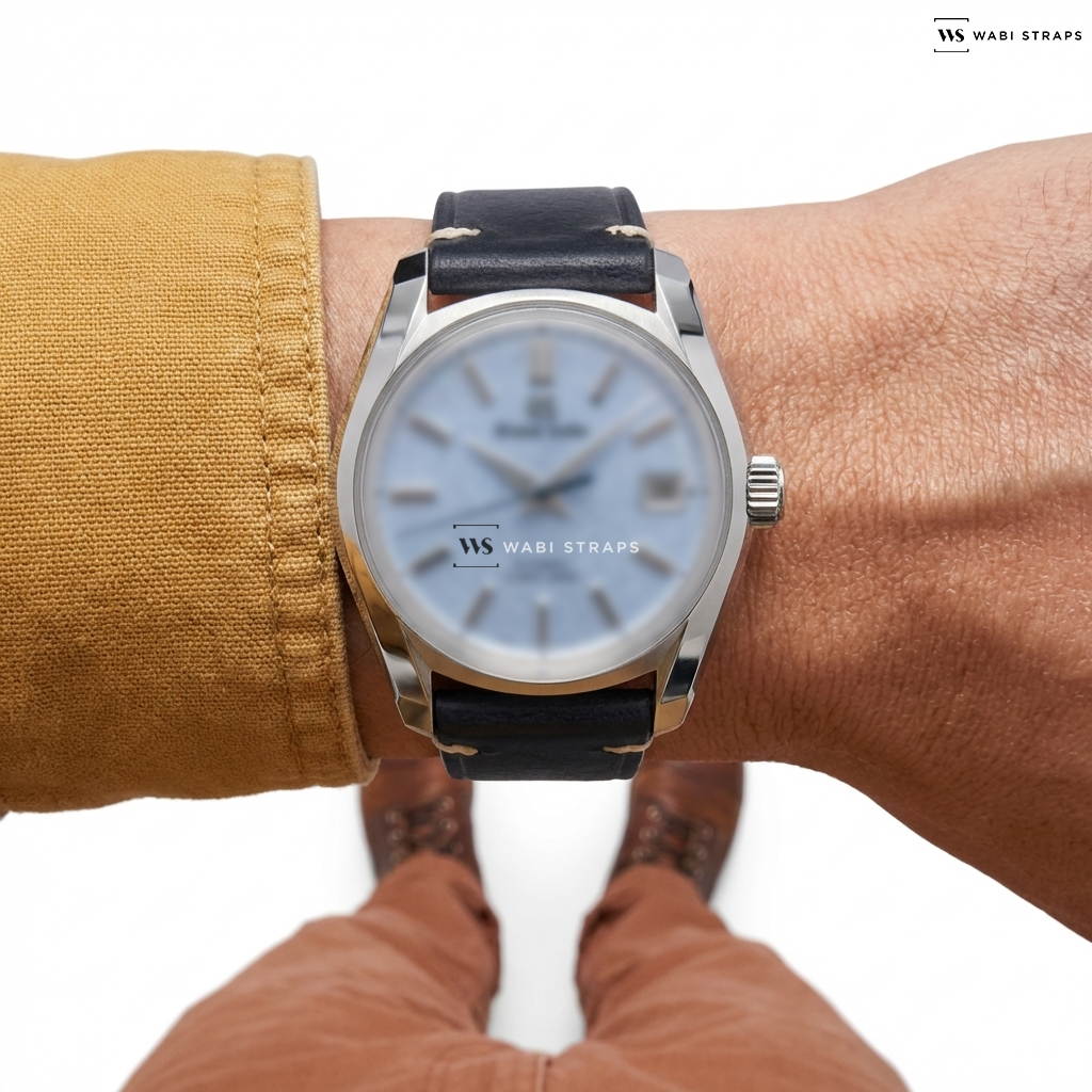 Blue Oiled Leather Watch Strap on Grand Seiko Grand Seiko "Soko" Autumn Frost Hi Beat 36000