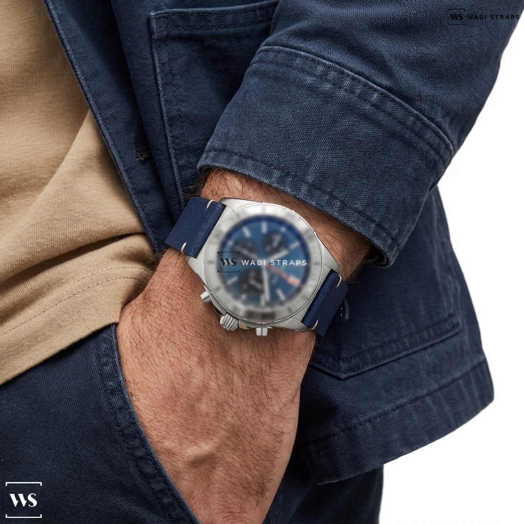 Blue Fuzzy Grain Leather Watch Strap on Breitling Chronomat B01 42mm SS Blue Dial