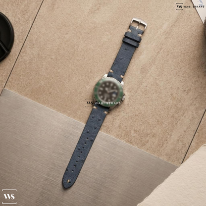 Blue Ostrich Grain Leather Watch Strap on Rolex Submariner Date 126610LV Kermit GREEN Ceramic Bezel 41MM