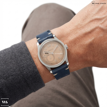 Blue Ostrich Grain Leather Watch Strap on Baltic MR01