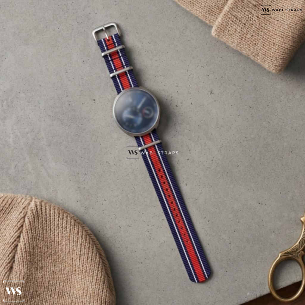 Blue/Red/White 4 Thick 1 Thin Stripe Nylon Watch Strap on Ressence Type 8 Cobalt Blue