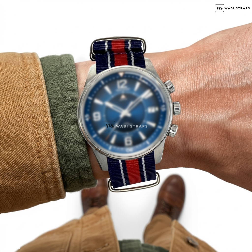 Blue/Red/White 4 Thick 1 Thin Stripe Nylon Watch Strap on Polaris Mariner Memovox