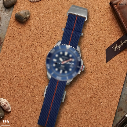 Blue/Red 3-Stripe Nylon Watch Strap on Seiko Special Editon Prospex PADI Solar Dive Watch with Stainless Steel Bracelet #SNE549