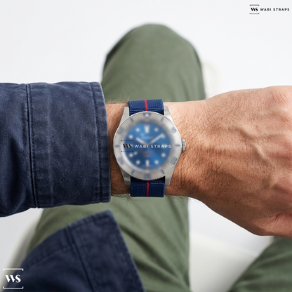 Blue/Red 3-Stripe Nylon Watch Strap on Squale 1545 Steel Blue Bracelet