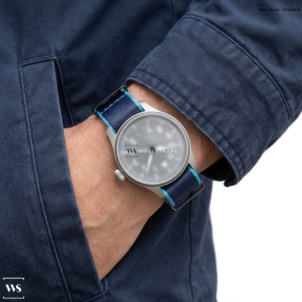 Blue Trim Edge Nylon Watch Strap on Stowa Flieger Verus Grau LE