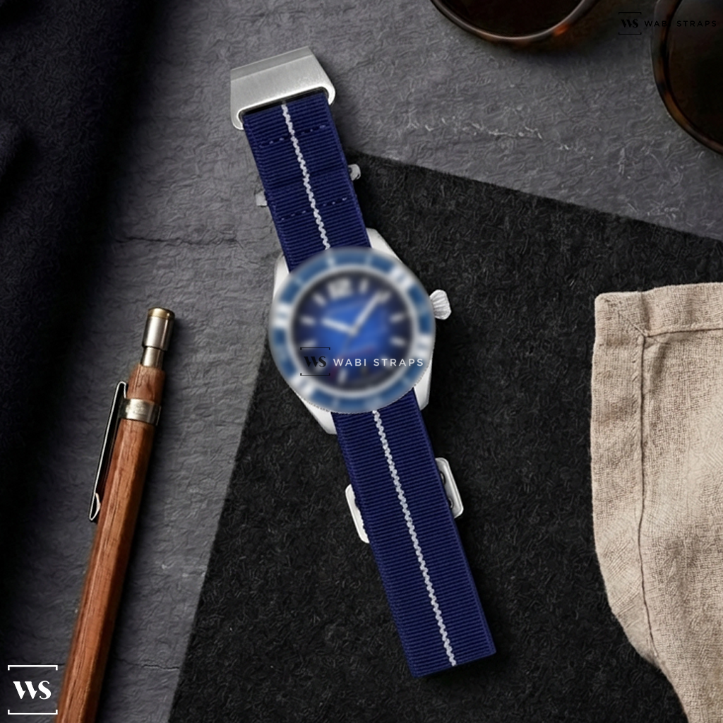Blue/White 3-Stripe Nylon Watch Strap on Spinnaker x Scottish Watches Fleuss Automatic “Nessie” Limited Edition