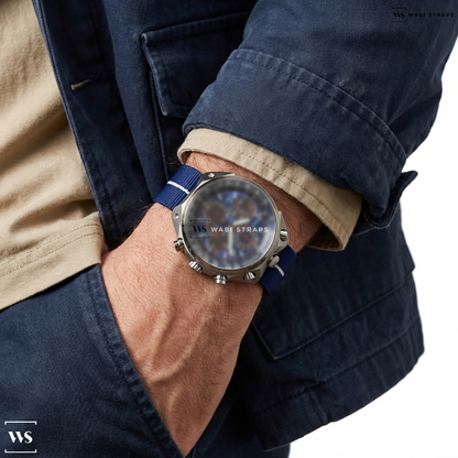 Blue/White 3-Stripe Nylon Watch Strap on Citizen Promaster Tsuno Chrono Racer Titanium