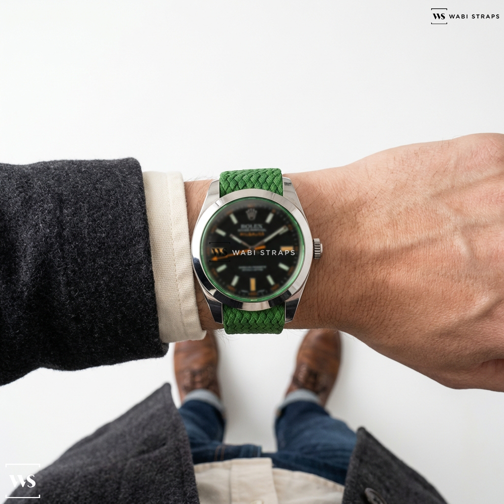 Green Solid Plain Nylon Watch Strap on Rolex Milgauss Reference 116400