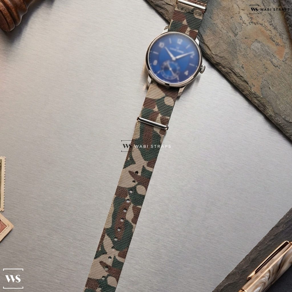Brown/Green Camouflage Nylon Watch Strap on Louis Erard Excellence Petite Second