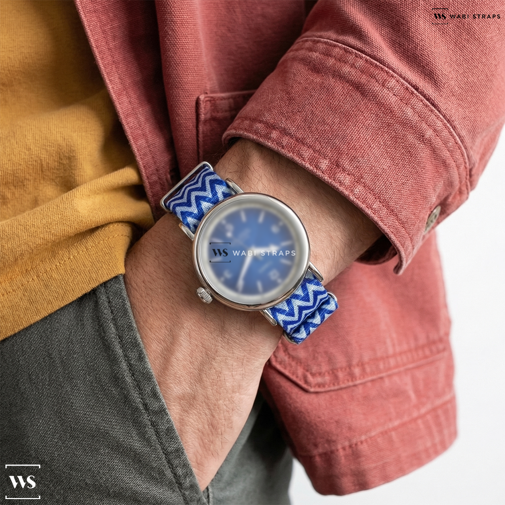 Blue/White Graphic Print Nylon Watch Strap on Timex Standard 40mm