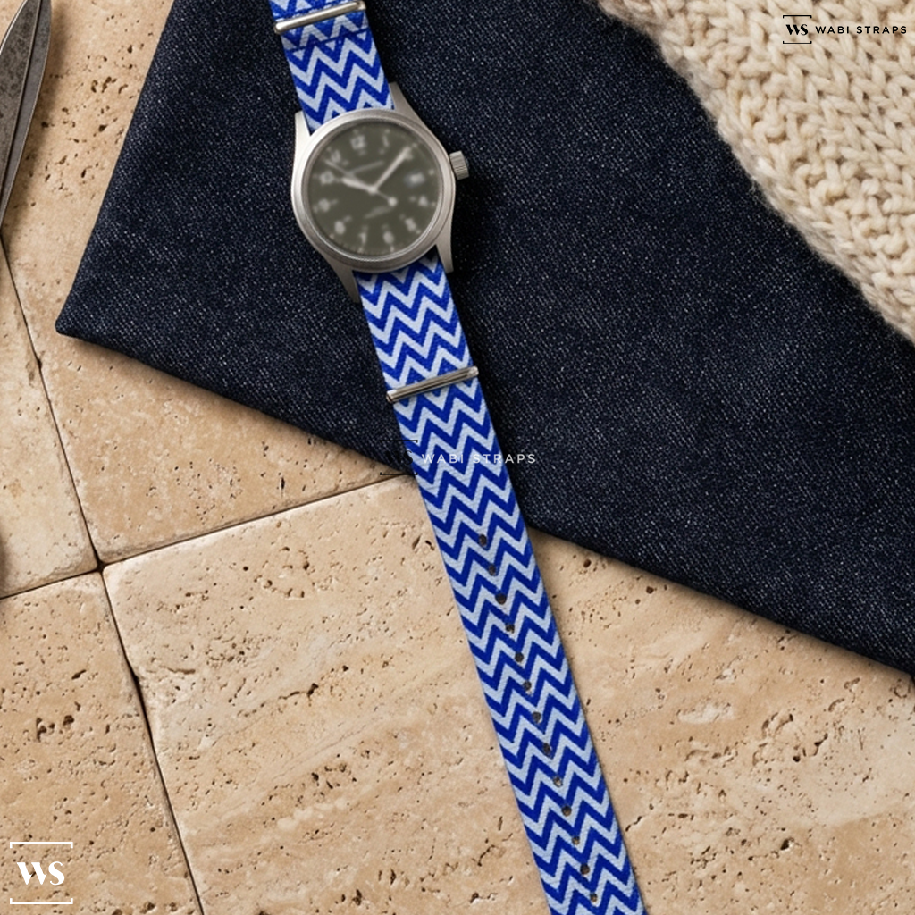 Blue/White Graphic Print Nylon Watch Strap on Hamilton Khaki Field Mechanical Date