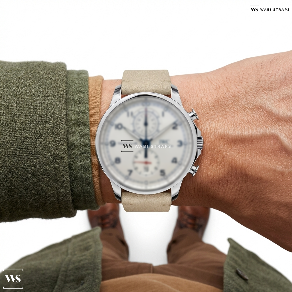 White Fuzzy Grain Leather Watch Strap on IWC Portuguese Yacht Club Flyback SS / SS silver Dial