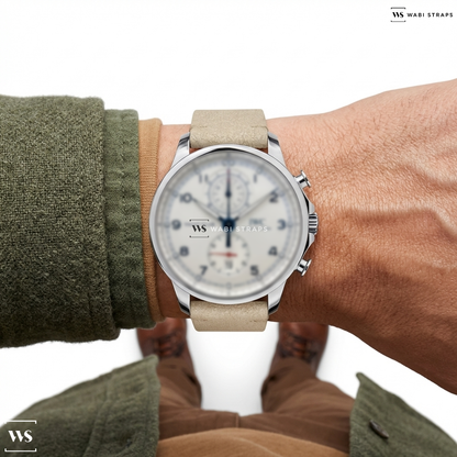 White Fuzzy Grain Leather Watch Strap on IWC Portuguese Yacht Club Flyback SS / SS silver Dial
