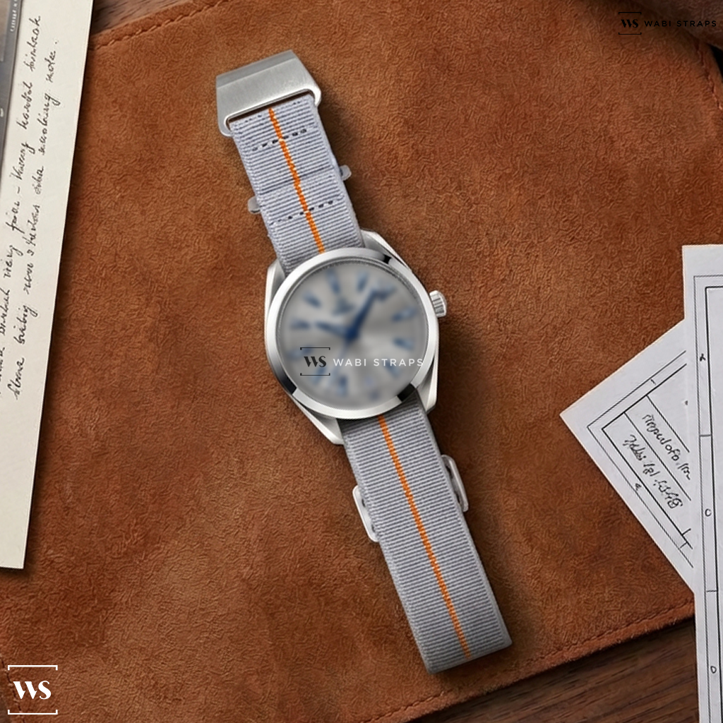 Orange/White 3-Stripe Nylon Watch Strap on Omega Seamaster Aqua Terra 150M Mens Grey Dial 41mm Automatic Co-Axial Watch O22010412106001