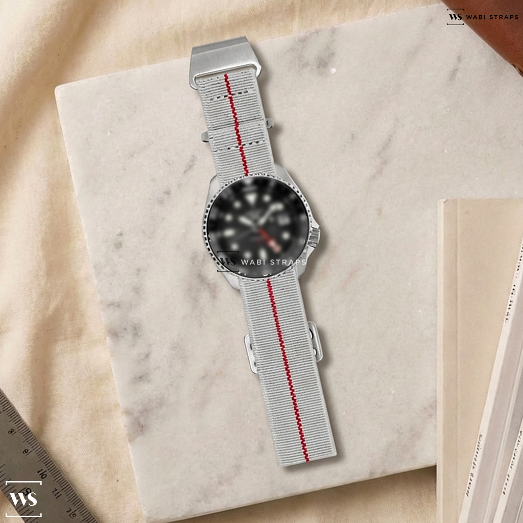 Red/White 3-Stripe Nylon Watch Strap on Seiko 5 Sports Automatic GMT Watch with Black Dial #SSK001