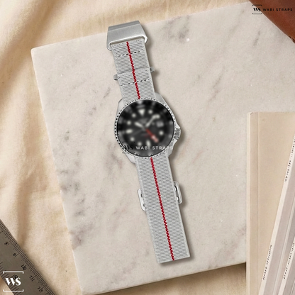 Red/White 3-Stripe Nylon Watch Strap on Seiko 5 Sports Automatic GMT Watch with Black Dial #SSK001