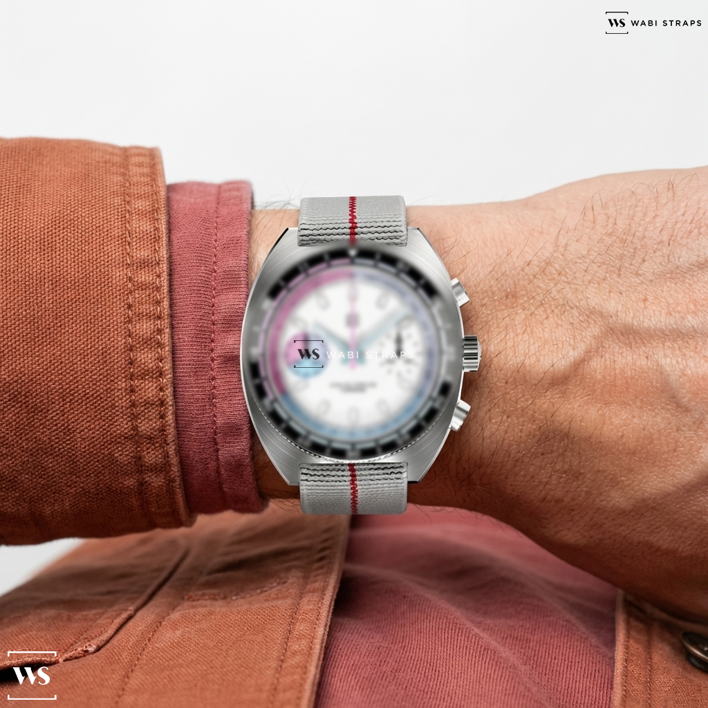 Red/White 3-Stripe Nylon Watch Strap on Straton Watch Co. Yacht Racer Quartz White dial