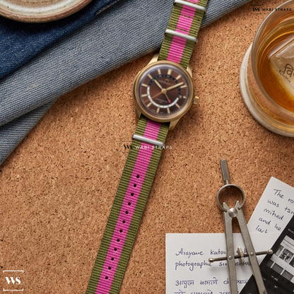 Green/Pink 3 Stripes Nylon Watch Strap on Norqain Freedom 60 GMT Bronze Case Anthracite Dial