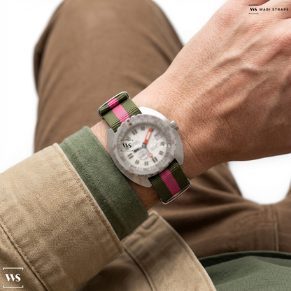 Green/Pink 3 Stripes Nylon Watch Strap on Pre-Owned DOXA DOXA Sub 300T Searambler 'Aqua-Lung' 40991304/AS08351