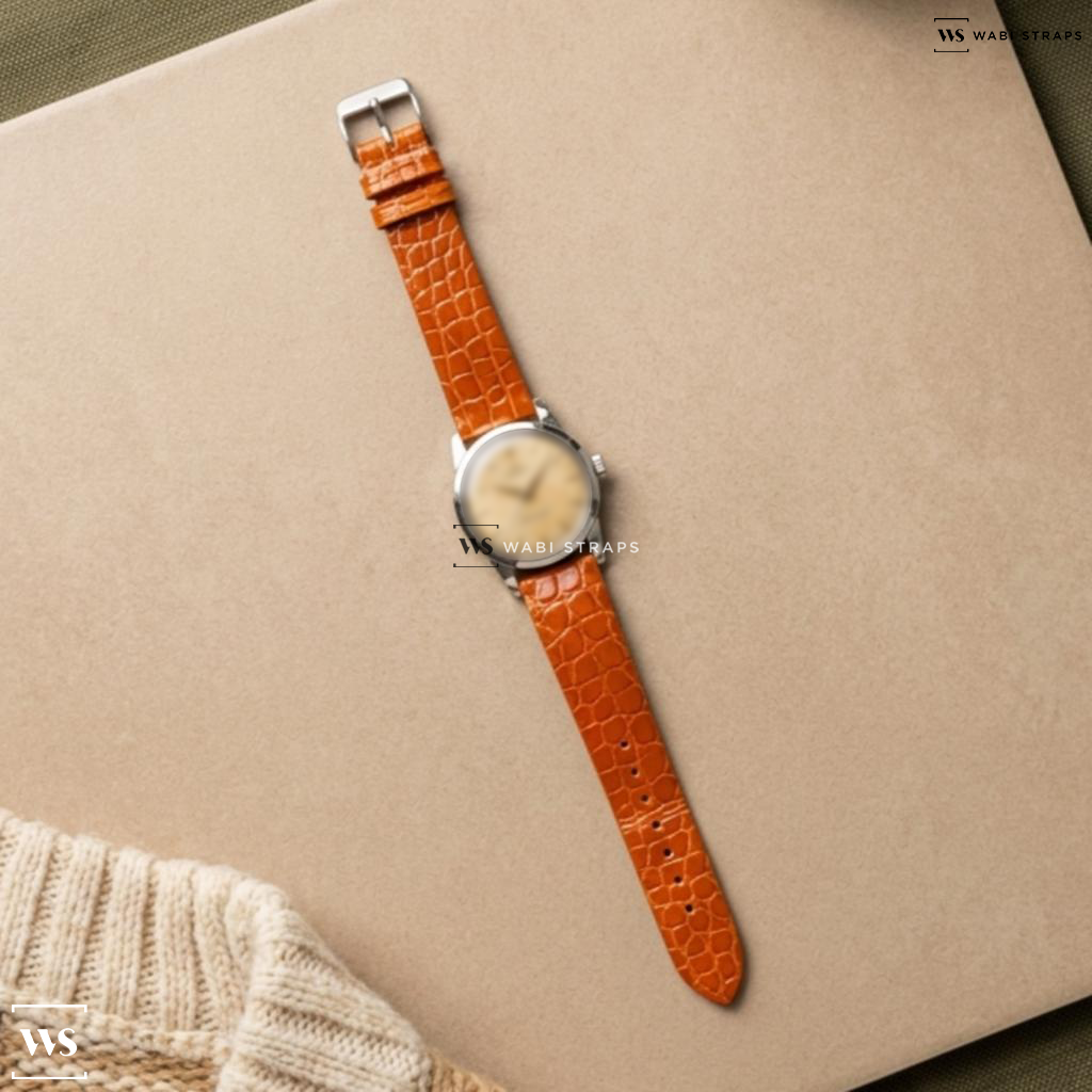 Orange Alligator Grain Leather Watch Strap on Omega Seamaster