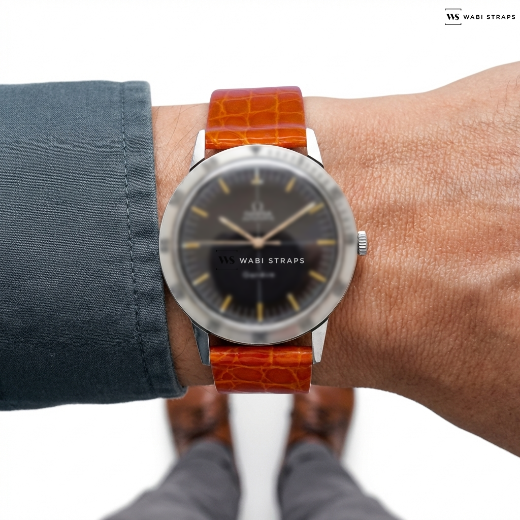 Orange Alligator Grain Leather Watch Strap on Omega Geneve “Grey Speed”