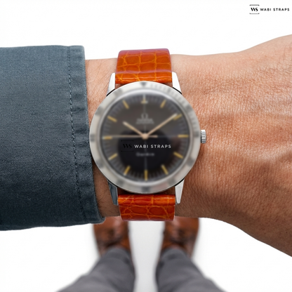 Orange Alligator Grain Leather Watch Strap on Omega Geneve “Grey Speed”