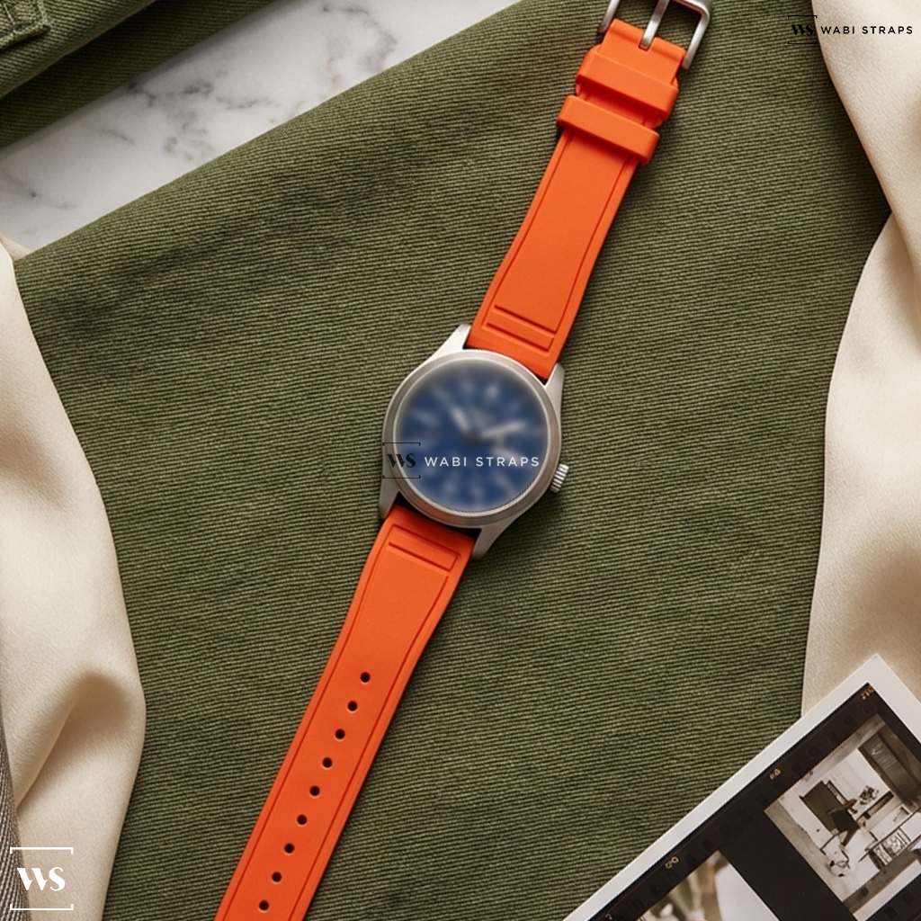 Orange Smooth Rubber Watch Strap on Seiko 5 Sports Automatic Field Watch with Blue Dial #SRPH31