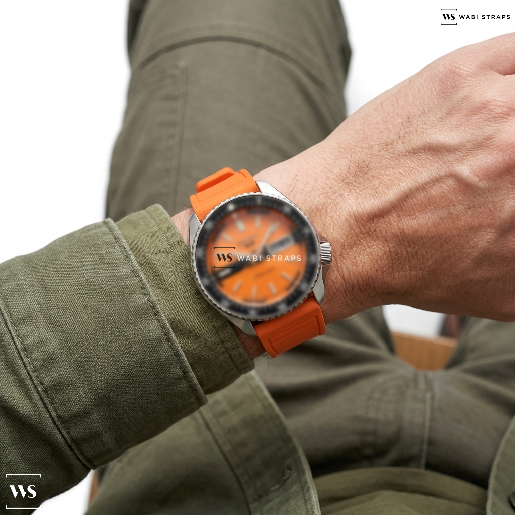 Orange Smooth Rubber Watch Strap on Seiko 5 Sports Special Edition Automatic Watch with Orange Dial #SRPK11