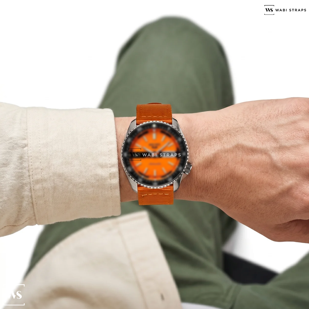 Orange Solid Plain Nylon Watch Strap on Seiko 5 Sports SRPK11