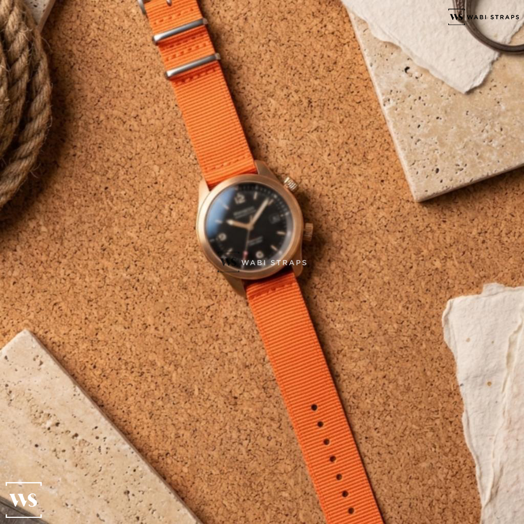 Orange Solid Plain Nylon Watch Strap on Bremont Argonaut Bronze Military Dive Watch