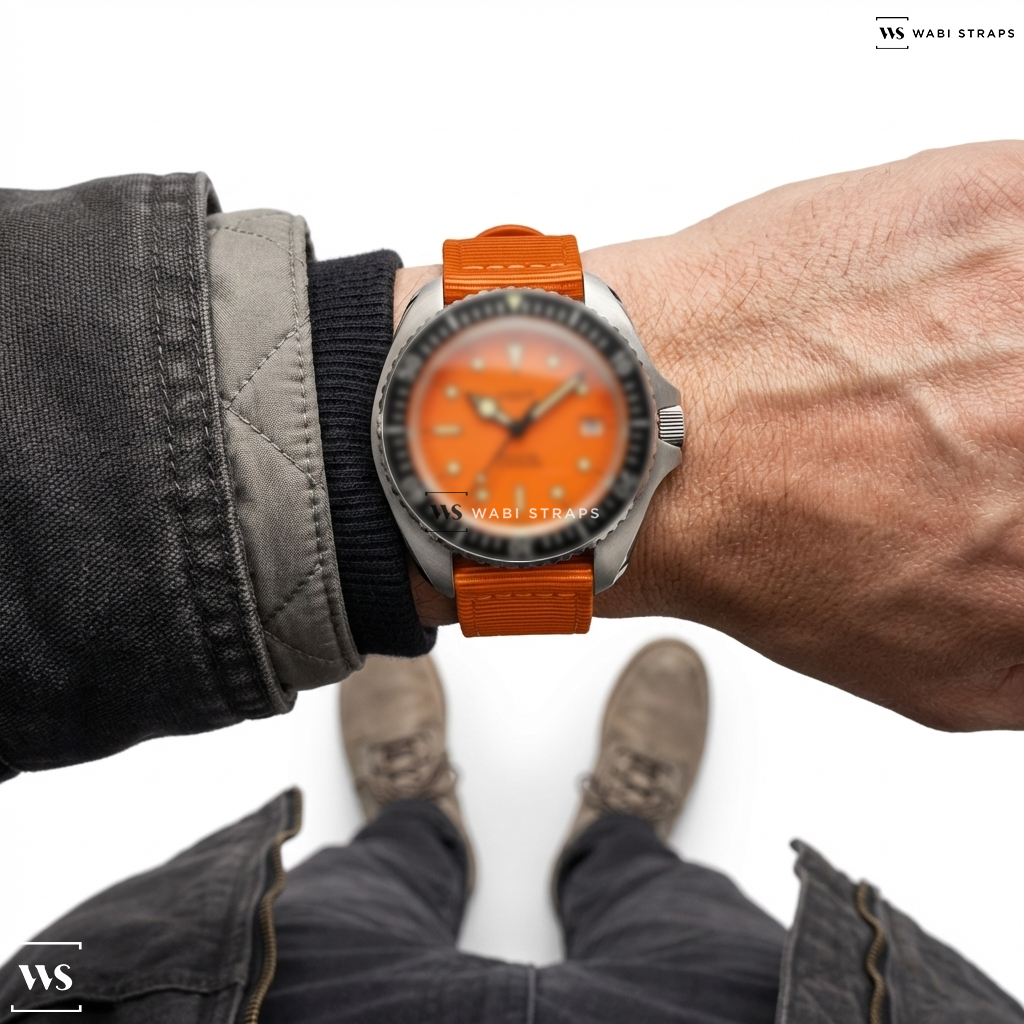 Orange Solid Plain Nylon Watch Strap on HGP Diver 200M Automatic Bracelet Diving Watch
