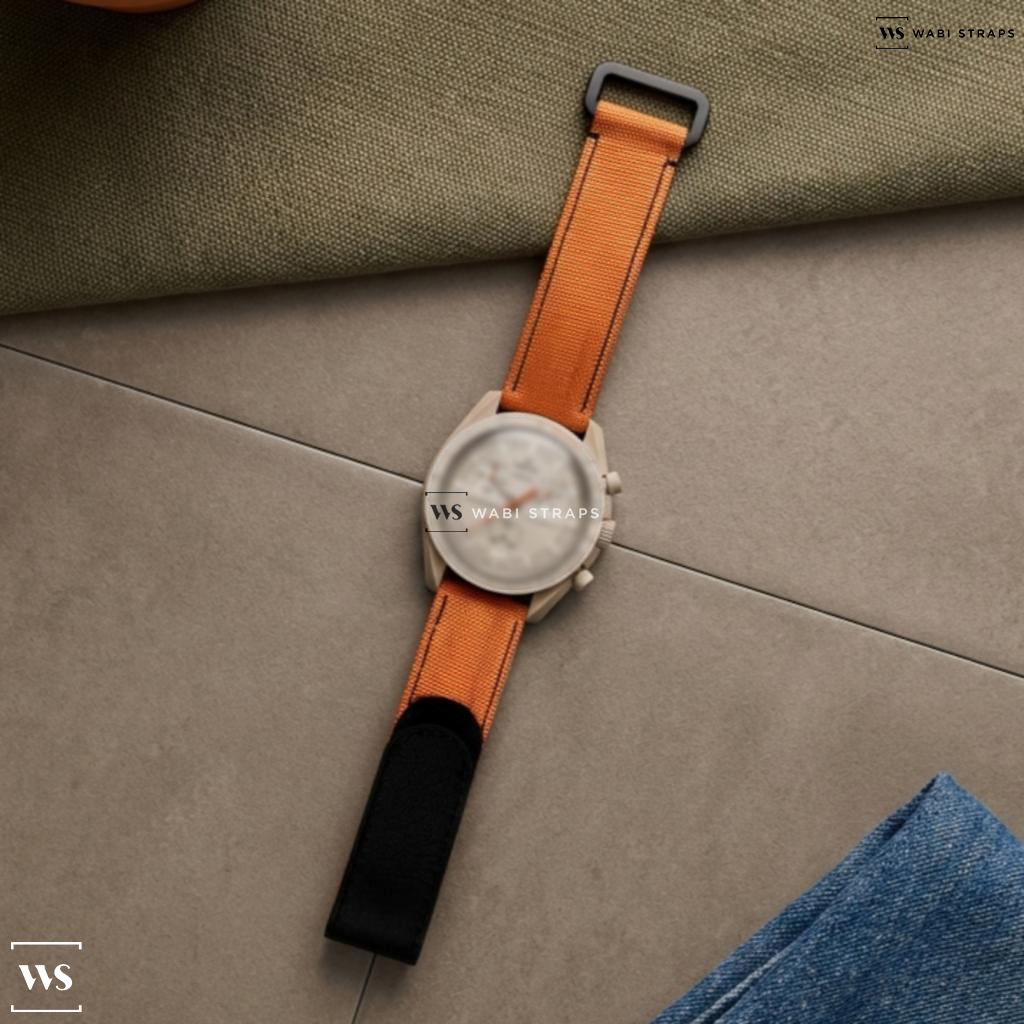 Black/Orange Hybrid Leather Watch Strap on MOONSWATCH MISSION TO JUPITER