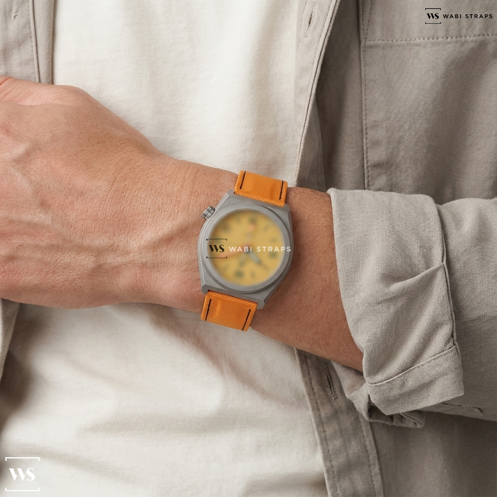Black/Orange Hybrid Leather Watch Strap on BOLDR Supply Co Venture Windup Edition #2