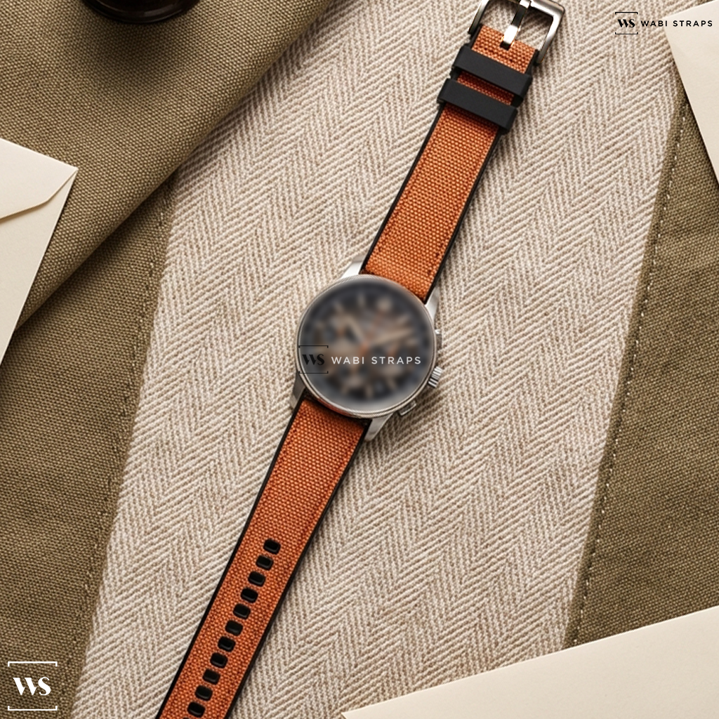 Orange Hybrid Canvas Watch Strap on Audemars Piguet Code 11:59 Chronograph 18k White Gold/Rose Gold Smoked Grey Dial
