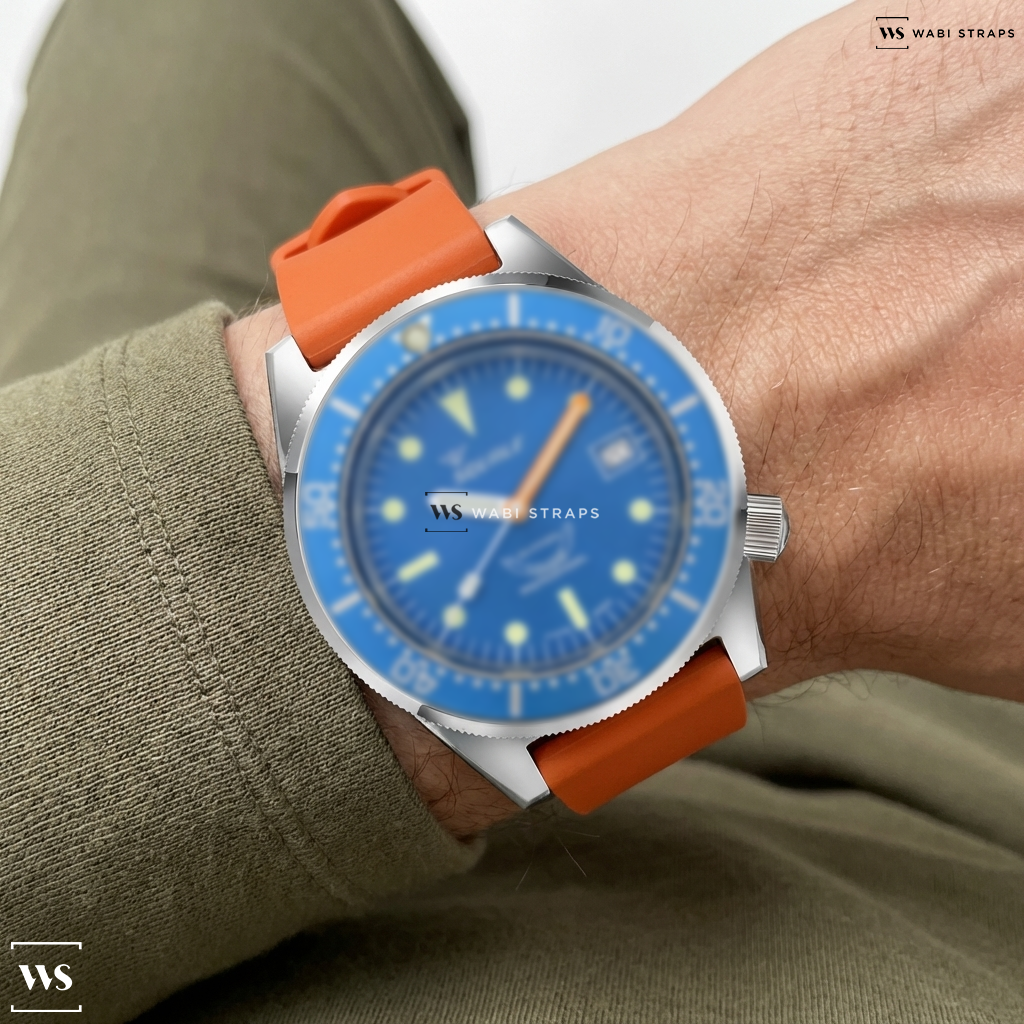 Orange Smooth Rubber Watch Strap on Squale 1521 Ocean Leather Polished