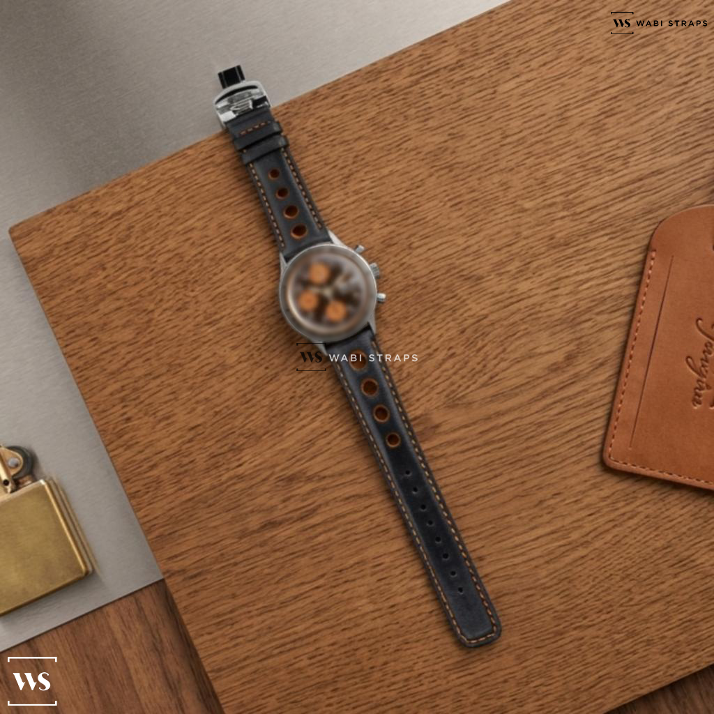 Black/Orange Contrast Holes Leather Watch Strap on LH Bean Hamilton Chronograph