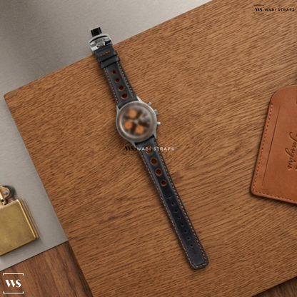 Black/Orange Contrast Holes Leather Watch Strap on LH Bean Hamilton Chronograph
