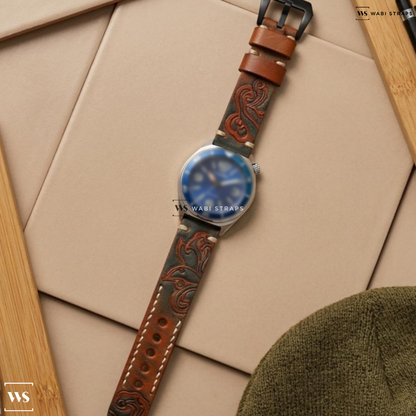 Orange Tribal Print Leather Watch Strap on Citizen Eco-Drive Eco-Drive Blue Dial Stainless Steel Men's Watch