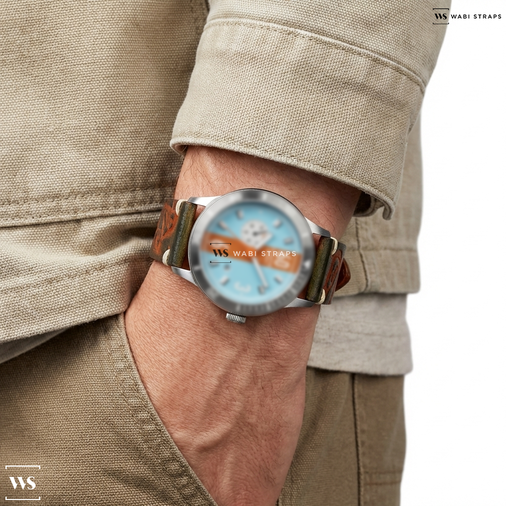 Orange Tribal Print Leather Watch Strap on Race Master Automatic GLF
