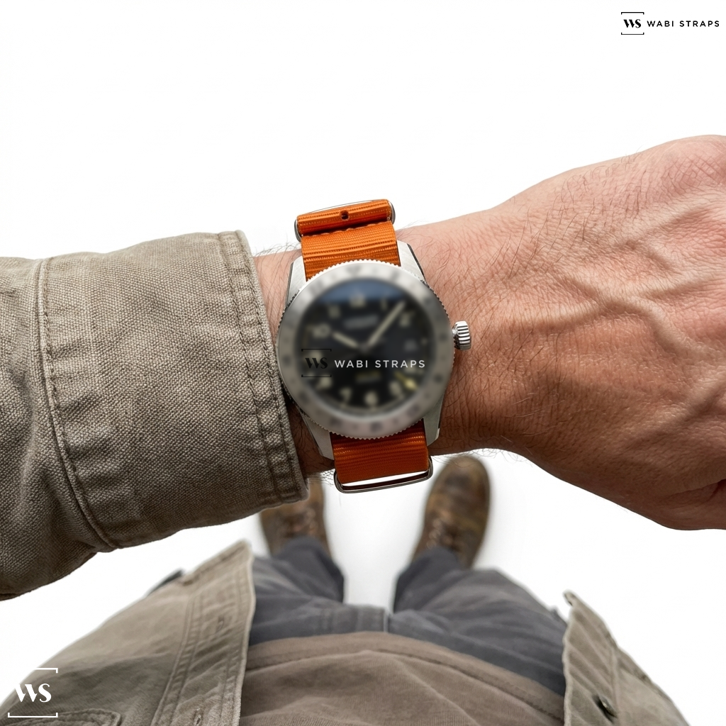 Orange Bright Solid Plain Nylon Watch Strap on Longines Spirit Zulu Time Hodinkee Edition