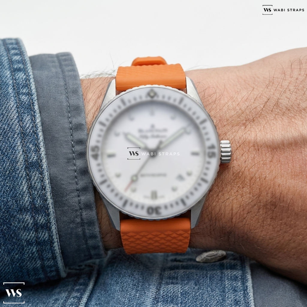 Orange Textured Rubber Watch Strap on Blancpain Fifty Fathoms Bathyscaphe White Ceramic bezel 38mm