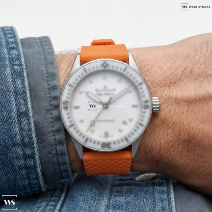 Orange Textured Rubber Watch Strap on Blancpain Fifty Fathoms Bathyscaphe White Ceramic bezel 38mm