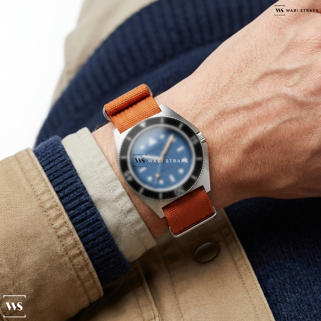 Orange Ribbed Nylon Watch Strap on Bausele Endless Sunrise | ALCYONE BLUE